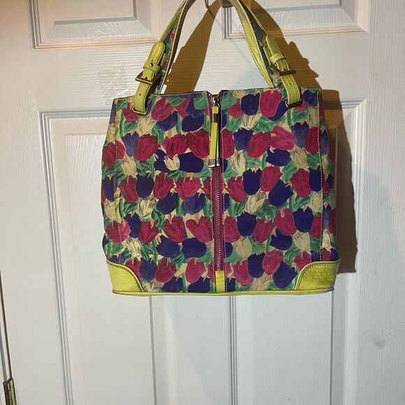 Sharon 71% silk multi color tulips & leather crocs print sage green satchel . - Picture 3 of 15